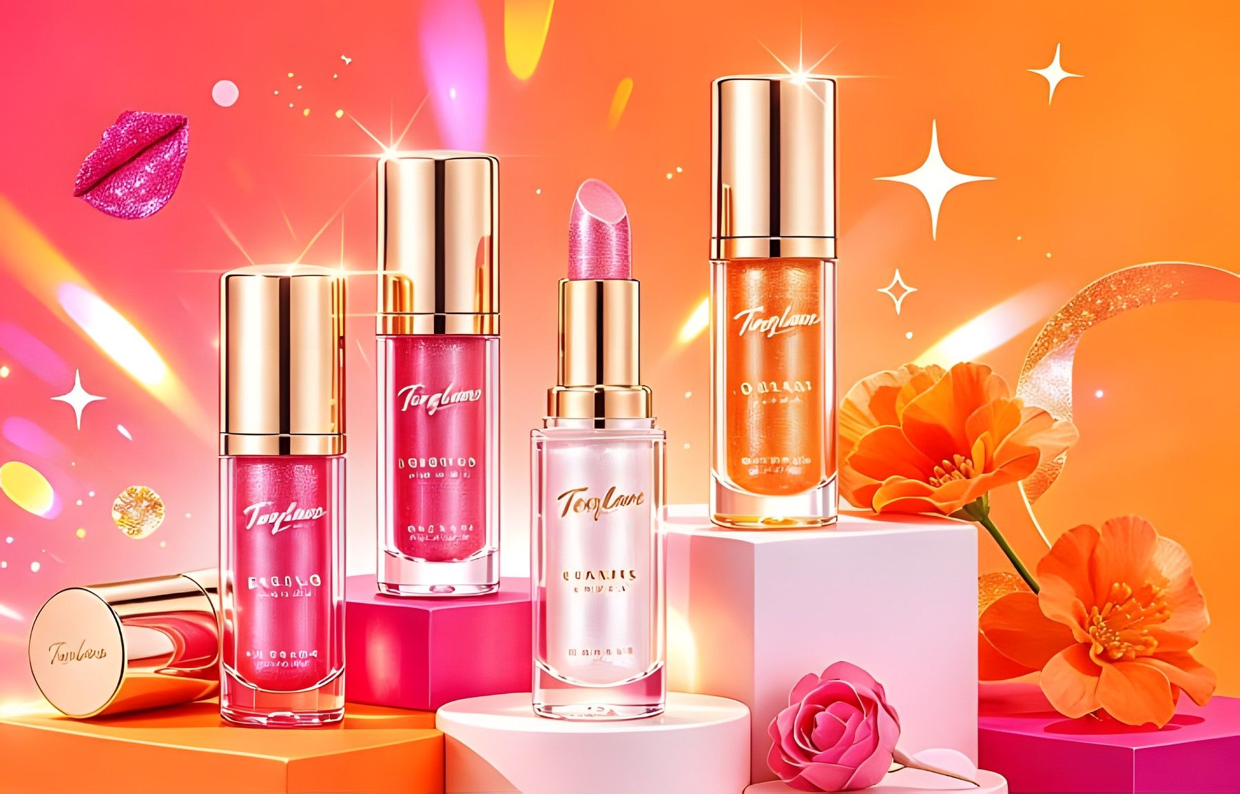 Glosses, batom e flores sobre pedestais coloridos